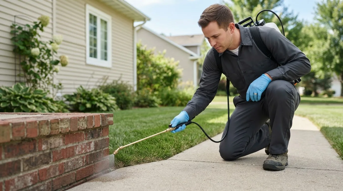 Pest control technician treating a home near Perry, IA