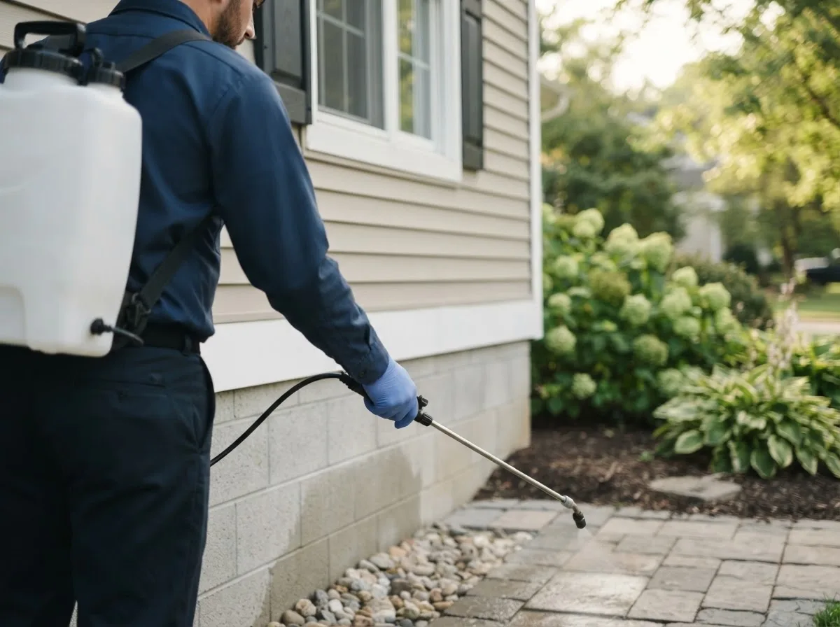 Pest control technician inspecting a home in Perry, IA